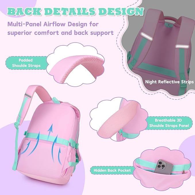 Kids Backpack, Backpack for Girls for Elementary School Multiple Pockets Ages 6-10(Pink)