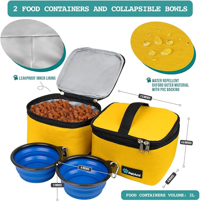 PetAmi Dog Travel Bag, Travel Pet Bag Organizer, Dog Food Travel Bag with Container Collapsible Bowls, Pet Travel Supplies Gift Accessories for Weekend Camping, Puppy Cat Diaper Bag, Yellow Medium