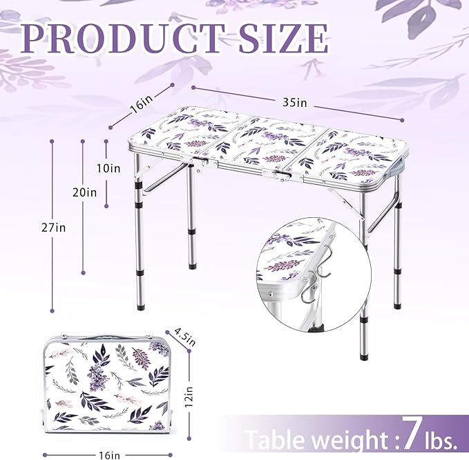 Yriuat Folding Camping Table 3ft Portable Pinic Table Adjustable Height Small Card Table Aluminum Foldable Lightweight with Carry Handle for Outdoor Indoor Hiking Camp BBQ Beach (Misty Lilac)