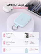 RORRY CharmGo Portable Charger, 5000mAh Portable Charger Power Bank with Built-in Cables, Travel Keychain Charger Battery Pack for iPhone 17/16/15/14/13/12, for AirPods 2/3/4/Pro, Blue