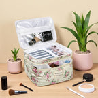 Gosect Large Quilted Makeup Bag, Large Floral Cosmetic Bag for Women, Cute Cotton Makeup Bags, Flower Travel Toiletry Organizer Bag (Pink Flowers)