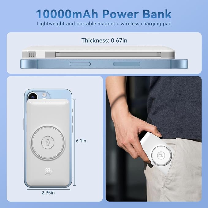 Magnetic 10000mAh Portable Charger for iWatch & iPhone, PD Fast Charging Wireless Power Bank Built-in Cables and Wall Plug, External Travel Battery Pack Compatible with iOS Android Phones
