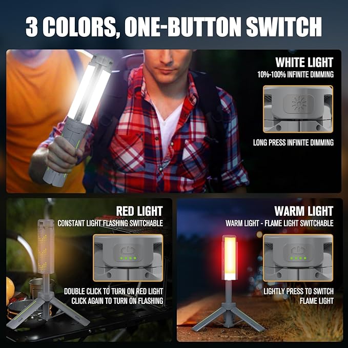 BUBRA 40" Telescopic Camping Lights with Stand, 8000mAh Rechargeable LED Work Light & Camp Lantern, 1000LM Portable Tripod Lamp, 20H Runtime for Power Outages, Survival Gear and Camping Essentials