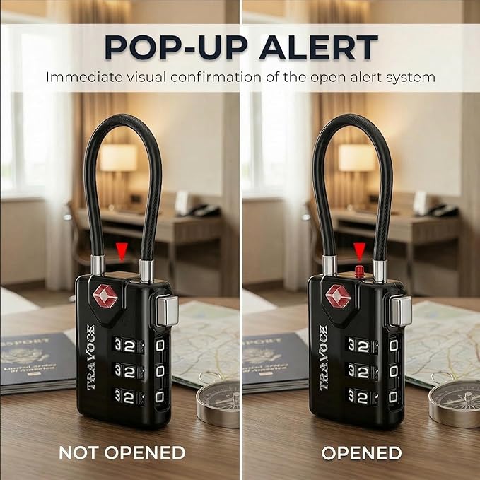 TRAVOCE TSA Approved Luggage Locks - Heavy Duty 3 Digit Combination Cable Lock, Search Alert for Suitcases, Backpacks, Golf Bags, Tents, Violin and Camera Cases, 10 Pack, Black