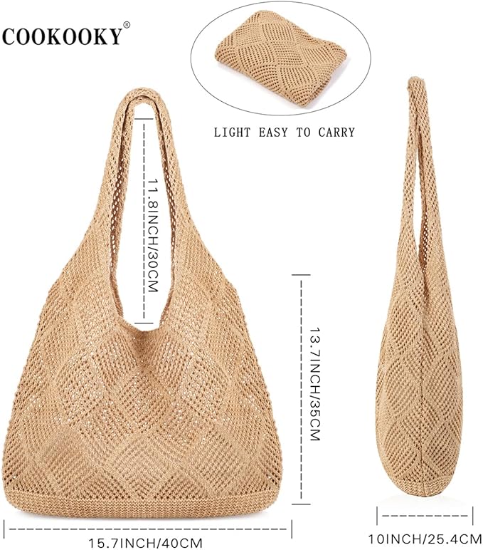 COOKOOKY Crochet Beach Tote bag Summer Beach Bag for Women Aesthetic Mesh Tote Bag Hippie Bag Knit Bag