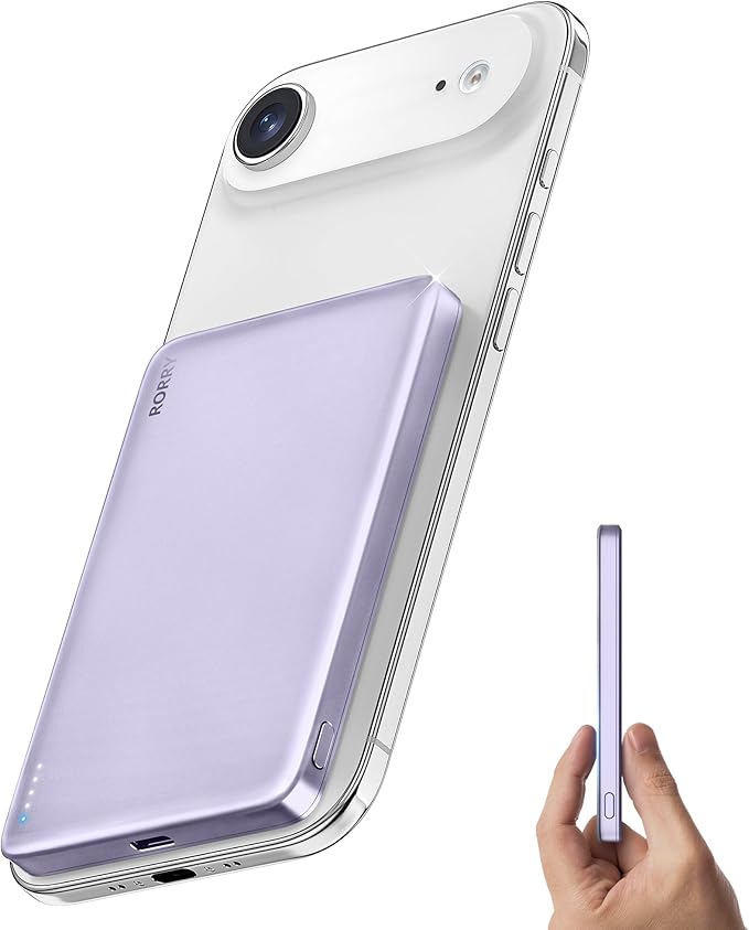 RORRY for Magsafe Portable Charger, [0.3" Ultra Slim] Magnetic Power Bank,[Alloy-Made] 5000mAh Wireless Portable Charger, USB C Battery Pack 18W Fast Charging for iPhone 17/16/15, Violet