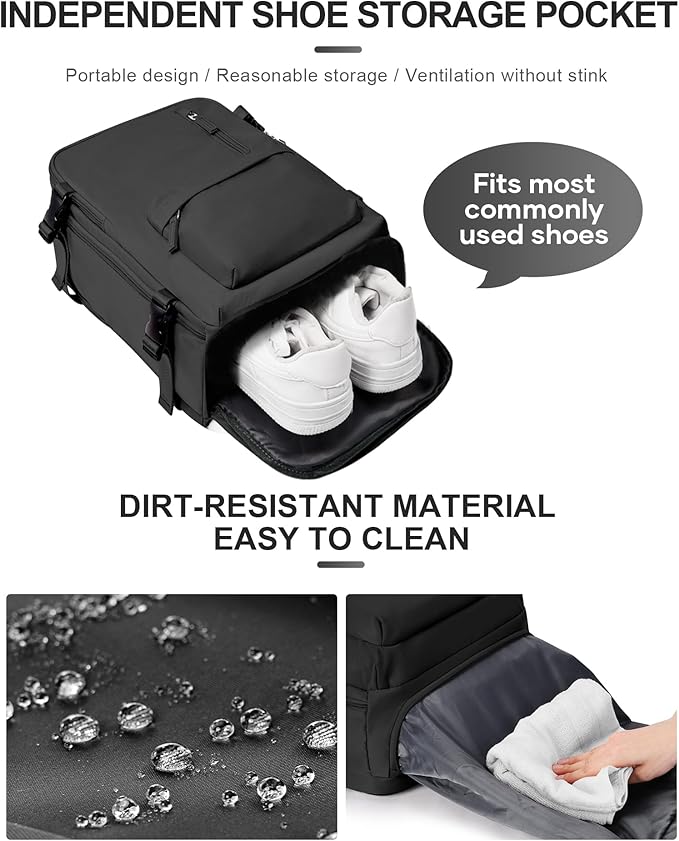 WONHOX Travel Backpack Women,Carry On Backpack Flight Approved 18x14x8 inches Bag Spirit Airlines Personal ltem,College Sports Hiking Rucksack Waterproof Casual Daypack Laptop Blackpack Men,Black