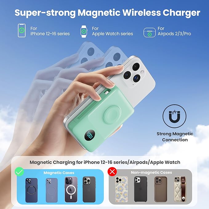 6 in 1 Magnetic Portable Charger for iPhone with Built-in Cables, 10800mAh 25W PD Fast Charging Power Bank, 6 Outputs LCD Display Travel Essential Battery Pack for iPhone 17/16/15/14/13/12 (Green)