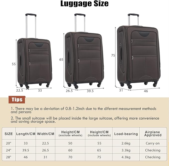 Lightweight Expandable Softside Luggage Sets 3 Piece, Large Capacity Travel Suitcase with Spinner Wheel, TSA Lock, Easy Access Design and Adjustable Telescoping Handle (Brown)