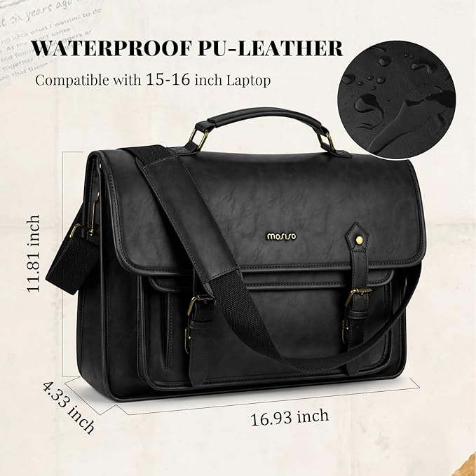 MOSISO 3 in 1 Laptop Bag, 15.6 inch PU Leather Shoulder Bag Briefcase Messenger Satchel Laptop Backpack, 15-16 inch Computer Bags Handbag Bookbag, Black