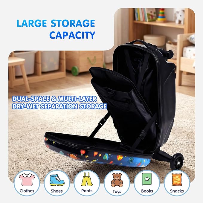smilesun 4-in-1 Detachable Scooter Luggage for Kids & Teens, Foldable Hardside Ride On Suitcase with Wheels, Stylish and Safe Design(Navy)