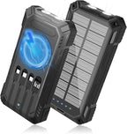 Solar Power Bank 49800mAh - Wireless Portable Charger 15W Fast Charging with 4 Built-in Cables. Equipped with a Powerful Flashlight, IP65 Outdoor Waterproof Power Bank Perfect for Camping, Hiking