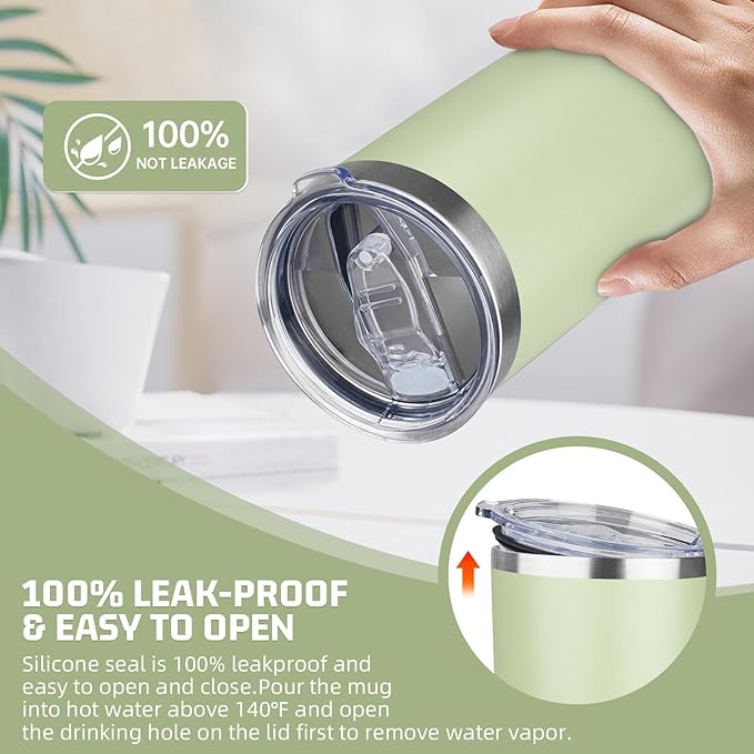 20 oz Tumbler with Lids and Straws, Stainless Steel Insulated Travel Coffee Mug, Double Wall Vacuum Insulated Tumblers, Powder Coated Coffee Tumbler for Cold & Hot Drinks (Green Tea)