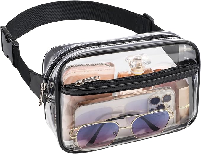 Veckle Clear Fanny Pack Stadium Approved - Plus Size 35-51 Inch Adjustable Strap Transparent Belt Bag for Women Men Fits 7.5" Smartphone, Crossbody Clear Bag for Stadium Events Sports Concerts, Black