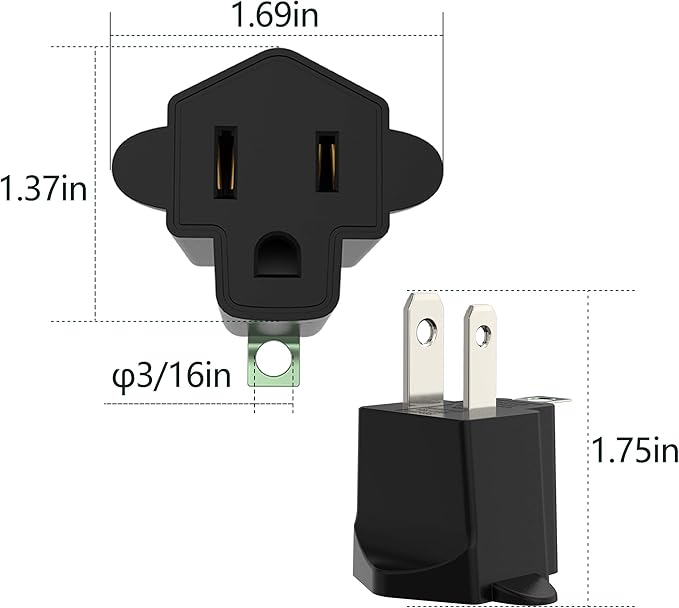 4 Pack 3-2 Prong Adapters Grounding Adapter JACKYLED 3-Prong to 2-Prong Adapter ETL Listed Fireproof Material 392℉ Resistant Heavy Duty Wall Plugs for Household Appliances Industial, Black