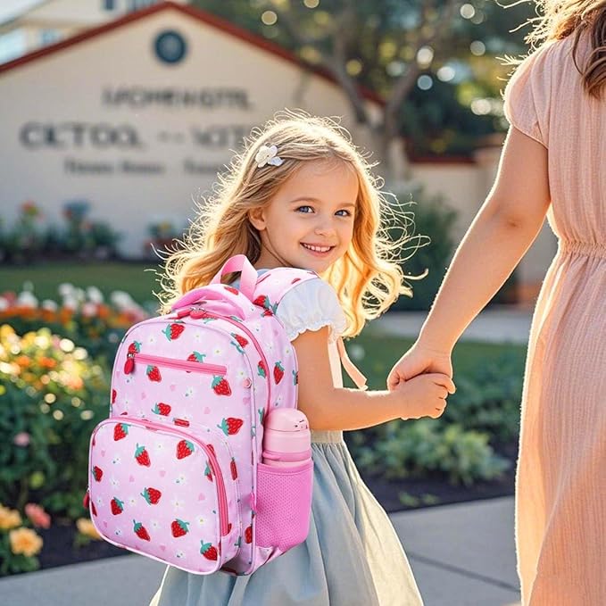 RHCPFOVR Kids Backpack for Girls - Girls Backpack 3-8 Ages Strawberry for Kids 15 Inch School Bookbag for Kindergarten Elementary School Bookbag for Girl 1st 2nd Grade