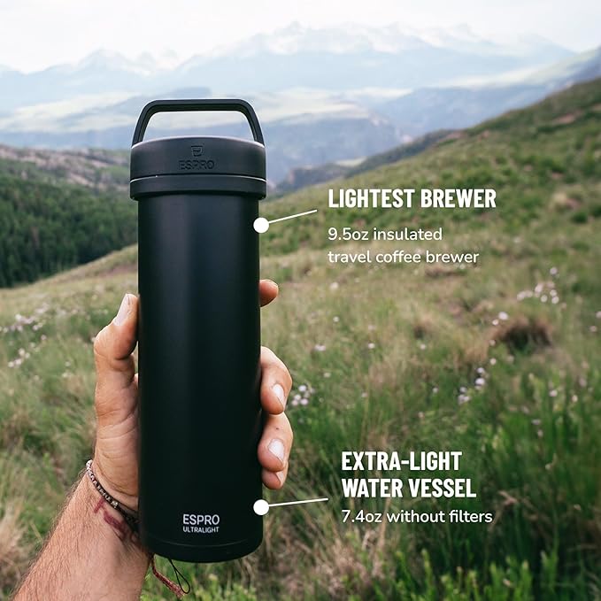 ESPRO Go P0 Ultralight French Press Coffee Maker for Travel, Vacuum Insulated Stainless Steel, 16 Ounces, Matte Meteorite Black
