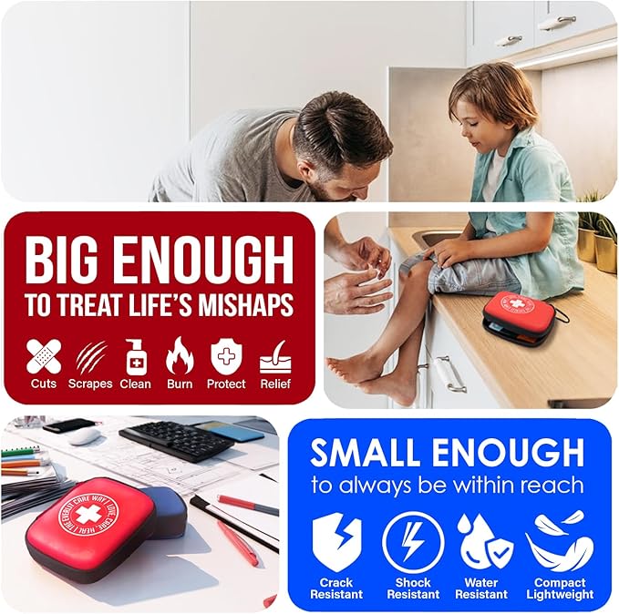 EVERLIT CARE Mini-Aid First Aid Kit | Compact & Lightweight Case with Carabiners for Travel | Family & Kid Friendly 180 Pcs Wound Care Supplies for School, Work, Outdoor, Home & Office | Pack of 3