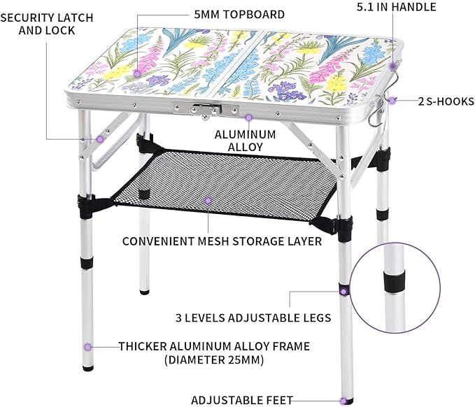 Yriuat Folding Camping Table 2ft Portable Pinic Table Adjustable Height Small Card Table Aluminum Foldable Lightweight with Carry Handle for Outdoor Indoor Hiking Camp BBQ Beach (Blooming Floral)