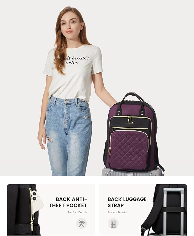LOVEVOOK Laptop Backpack Purse for Women, 17" Laptop Bag with USB Port, Water Resistant Lightweight Daypacks for College Travel Work Business, Nurse Teacher Computer Bags, Purple Black
