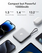 VRURC Portable Charger with Built-in Cable, 10000mAh 22.5W Fast Charging USB C Battery Pack, Cell Phone Power Bank for iPhone 17 16 15 Series Android Tablet (Grey)