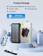 Solar-Charger-Power-Bank - 20000mah Solar Powered Battery Charger Cell Phone,20W Fast Charging Built in Cables,Camping Essentials Portable External Battery Pack Compatible with Multiple Devices