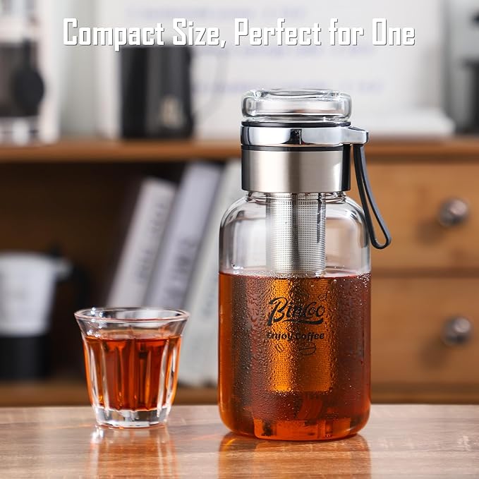 Bincoo Glass Cold Brew Coffee Maker with Extended Fine Mesh Filter, Tea Infuser Bottle Iced Coffee Maker with Thick Borosilicate Glass (500ml/17oz)