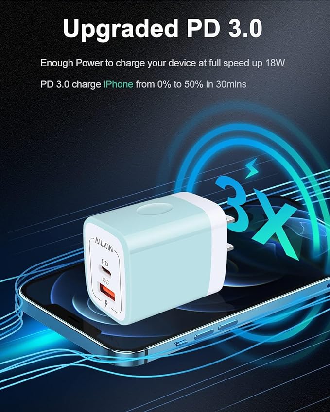 3pack Dual Port USB C Power Adapter, Usbc Pd 3.0 with USB A Qc 3.0 Fast Charging Block for Apple iPhone, Samsung Galaxy, Google Pixel, Moto, Kindle Fire, Ps5, Earbuds, Watches, Wireless Pad Brick Box