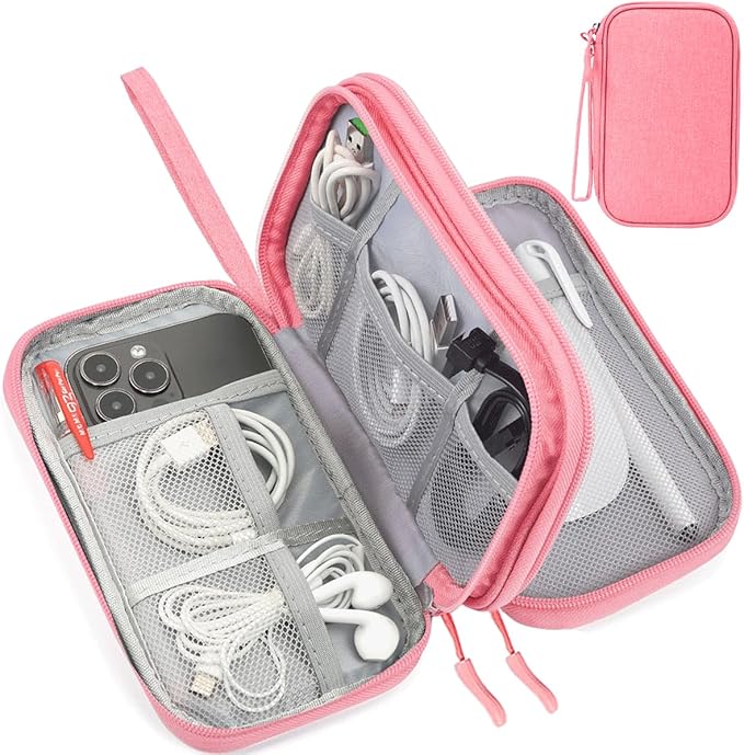 CAAORDKSO Electronics Travel Organizer, Waterproof Cable Organizer Bag, Travel Essentials for Women, Tech Pouch for Travel, Backpack, Cord, Charger, Phone, Power Bank, Earphone (Dark Pink, Medium)