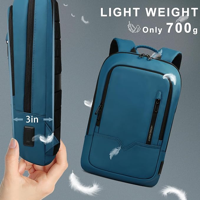 hk Backpack for Men Business Slim Backpack with USB Charger Computer Lightweight Anti-theft Travel (Dark Blue, 15.6 Inch)