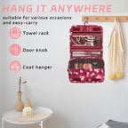 Toiletry Bag Travel Bag with Hanging Hook, Waterproof Capacity Hanging Multifunctional Makeup Bag for Toiletries, Portable Cosmetic Bag Travel Organizer for Women and Men(Wine Red FLower)