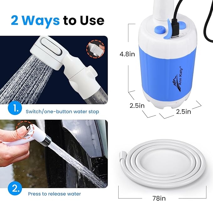 Ann Katy Portable Camping Shower Outdoor Camp Shower Pump,Upgrade Rechargeable Electric Shower Pump with Intelligent Digital Display Multiple Spray Modes for Camping, Hiking, Traveling,RV