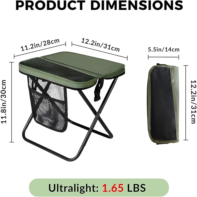 12" Portable Collapsible Stool - Folding Chair with Storage Pouch, Convertible Satchel for Hands-Free Carry & Supports 265Lbs, Ultralight for Hiking, Fishing, Camping, Festivals (Green, Standard)