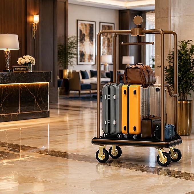 Hotel Luggage Cart, 1600 lbs Capacity Commercial Bellman's Cart with 8" Silent Wheels, Brushed Stainless Steel Frame and Nylon Carpet Deck for Hotels, Condos, Resorts