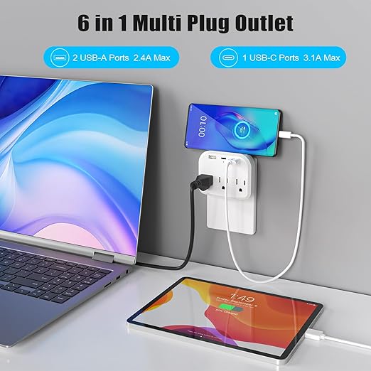 HITRENDS - Outlet Extender, with a Place to Put Your Phone and 2 USB-A and 1 USB Type-C Multi Plug Wall Outlet, Suitable for Bedrooms, Living Rooms, Offices, and Travel