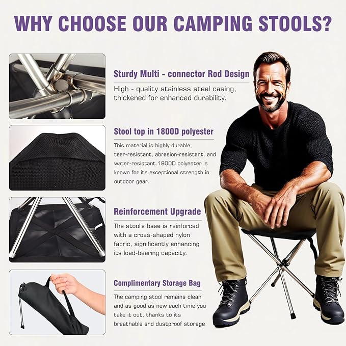 JVZI® Ultra-Light Camping Stool - 1-Second Quick Setup, Adjustable Height & Foldable Design, 275lbs Capacity for Camping, Fishing, Hiking & Outdoor Activities (1)