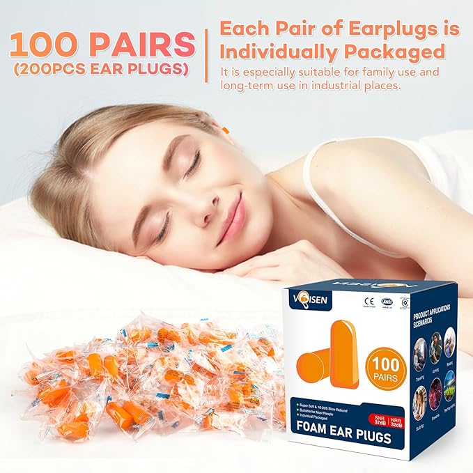 VOISEN Ear Plugs,100 Pairs EarPlug for Sleeping,32dB NRR 37dB SNR Ear Plugs Noise Cancelling for Snoring, Studying, Loud Events, Traveling & Concerts, Individual Package