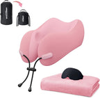 urnexttour Neck Pillow and Blanket Set for Travel Memory Foam Design Models Pillows with Eye Mask and 50% More Storage Bag Traveling Essentials Plane Car Flight Rest Sleeping Use Adult, Pink