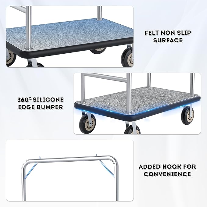 Hotel Luggage Cart Commercial Grade Brushed Stainless Steel, 900LBS Heavy Duty Bellman's Cart with 8" Rubber Wheels & Grey Carpeted Deck Luggage Trolley for Hotels Resorts (Silver, 42"× 26" × 70'')