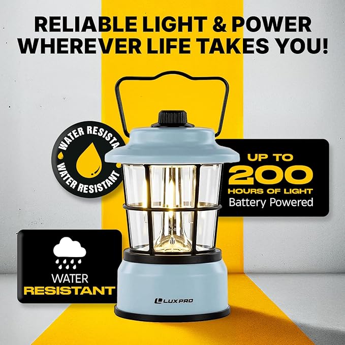 LUXPRO Retro LED Lantern - Battery-Powered Emergency Lantern - Water Resistant - Bright LED Lamp for Indoor & Outdoor Use - Use for Tents, Hiking or Hurricane Prep (Blue, Pack of 1)