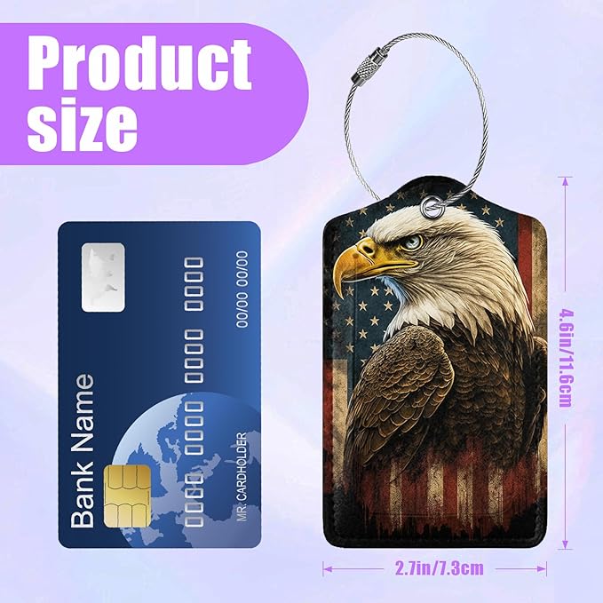 3 Pack American Flag Bald Eagle Luggage Tags for Suitcase PU Leather Travel Luggage Tag Privacy Cover ID Label for Women Men Baggage Backpack Handbag School Bag