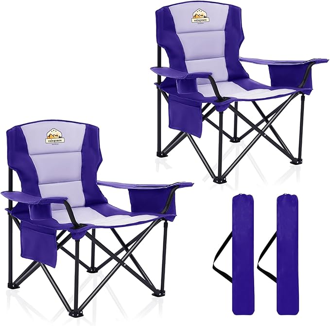 Colegence Heavy Duty Camping Chair for Adults Set of 2, Oversized Heavy People Foldable Outside Camp Chairs, with Cooler Bag Cup Holder, Side Pocket for Lawn,Sport,Outdoor,Deep Purple
