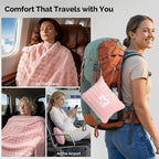 Pink Travel Blanket for Airplane, Soft Lightweight Flannel Blanket, Compact & Portable with Storage Bag, Luggage Strap & Clip, Cozy Travel Essential for Flights, Road Trips & More,40.7" x 64.1"