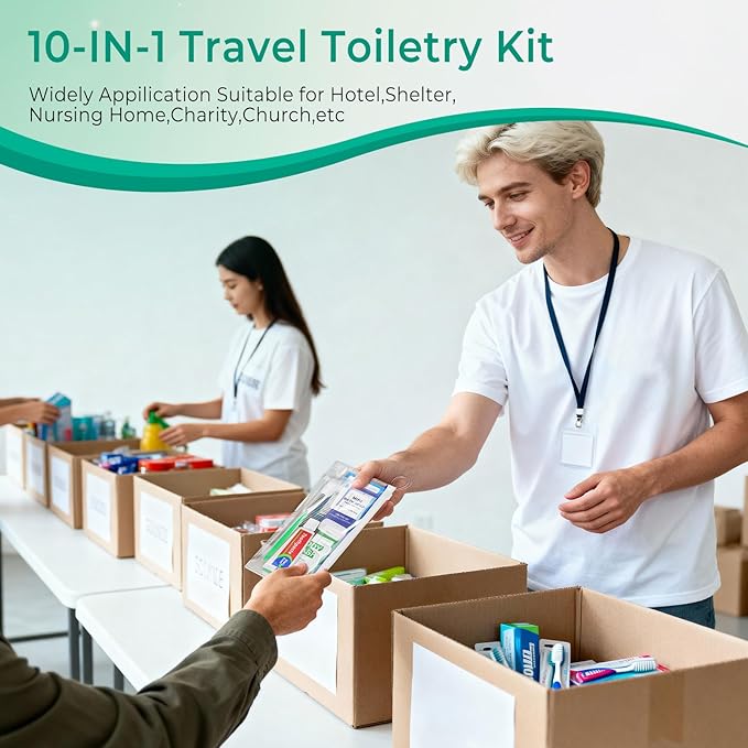 50 Sets Personal Hygiene Kit Bulk,10-IN-1 Green Individually Wrapped Disposable Travel Toothbrushes and Hotel Vanity Set Basic Toiletry Supplies for Homeless,Guests,Charity