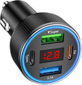 Car Charger USB C, 78W 4 Port Fast Charging Car Phone Charger Adapter, Dual USB-C & USB-A Cigarette Lighter Adapter with Voltage Display for iPhone 17 16 15 iPad Samsung Android