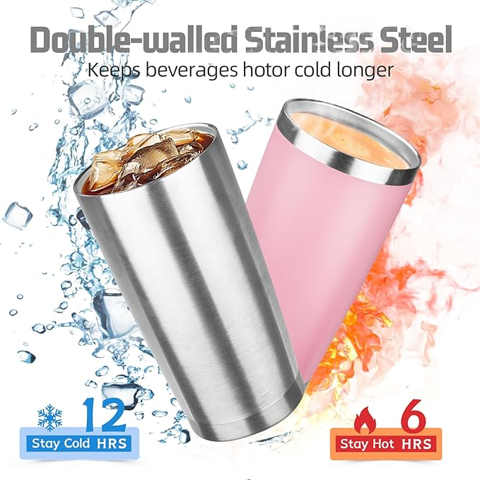 20 oz Tumbler with Lids and Straws, Stainless Steel Insulated Travel Coffee Mug, Double Wall Vacuum Insulated Tumblers, Powder Coated Coffee Tumbler for Cold & Hot Drinks (Silver, 4pack)