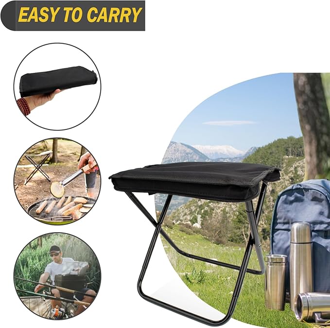 SUNPRO Camping Stool, Portable Folding Stool with Carry Bag, 12in Portable Folding Chair 1.6Lbs Collapsible Camp Stool Outdoor Footstool for Travel Walking Hiking Fishing Picnic Barbecue (Black)