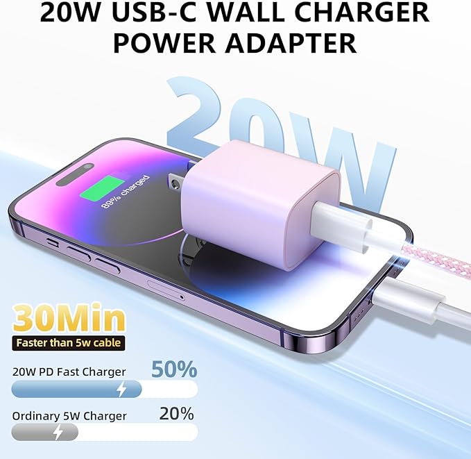 Phone Charger Fast Charging, 4 Pack 20W USB C Wall Charger Block with 6FT Charging Cable Type C Fast Charge Block Compatible with Phone 14/14 Pro Max/13/13 Pro/12/12 Pro/11/11 Pro/XS, Pad and More