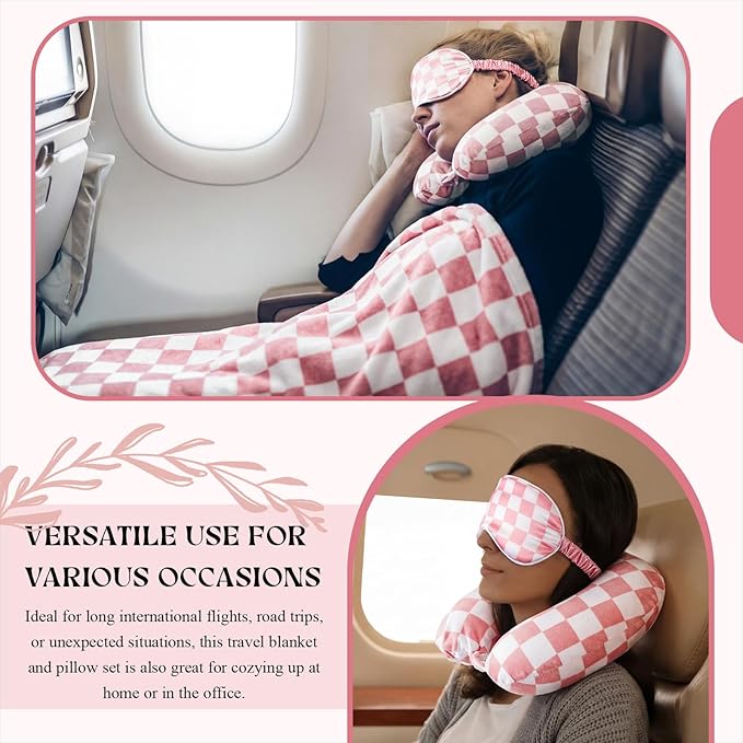 HunnmingRe 5 Pcs Travel Pillow and Blanket Set, 5 in 1 Travel Airplane Compact Includes 40 x 60 Inch Throw Blanket Eye Mask Neck Pillow Earplug and Bag Gifts for Travelers Women(Checkered,Pink)