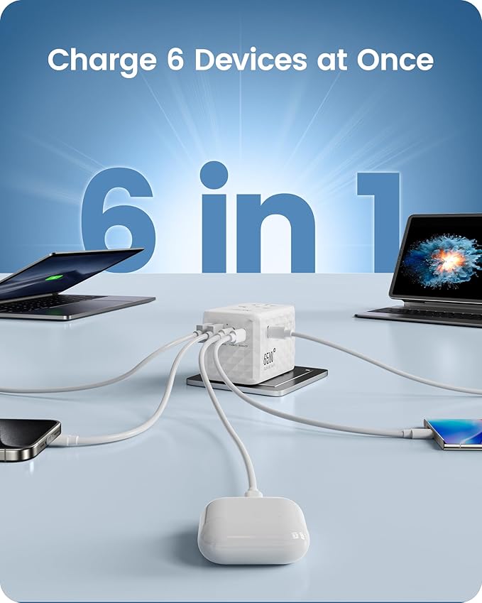 LENCENT 65W International Travel Adapter, Universal Travel Adapter with 2 USB-A & 3 PD Type C Power Outlet, Fast Charging for Phone,Laptops, All-in-One Outlet Converter for USA/UK/EU/AUS, White